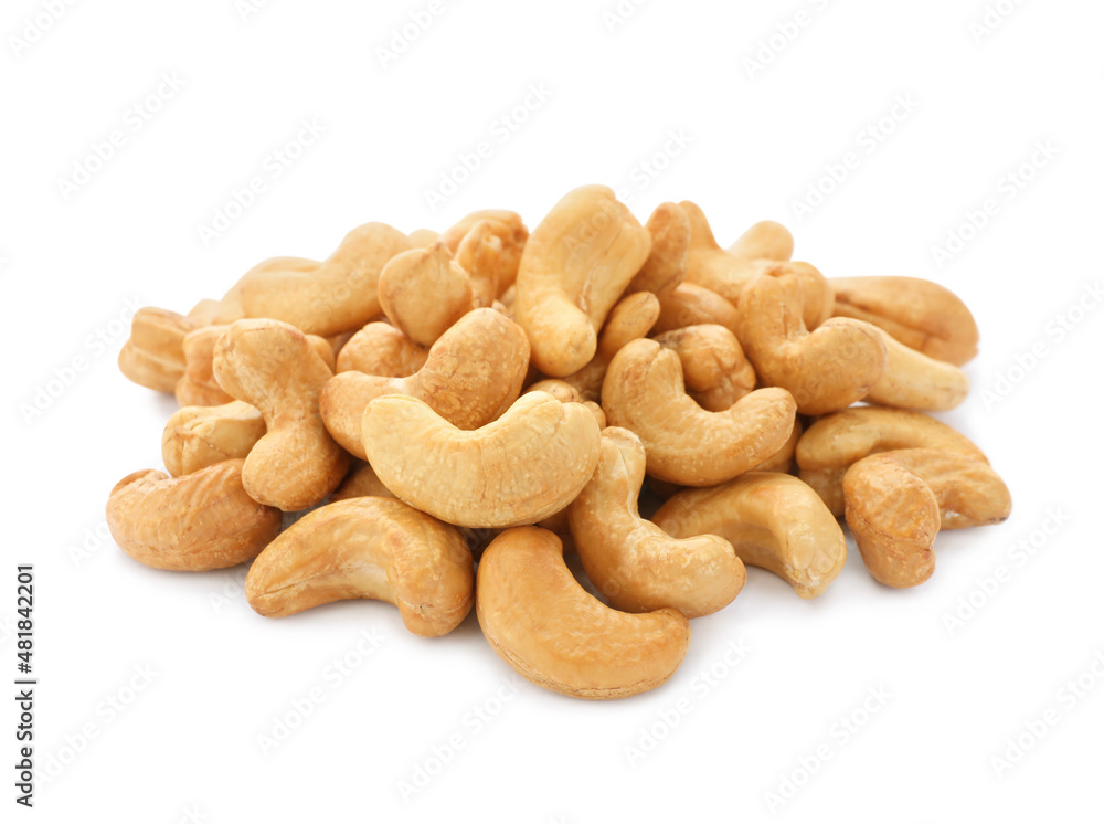 Pile of tasty organic cashew nuts isolated on white Pile of tasty organic cashew nuts isolated on white