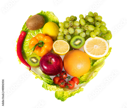 Heart shape fruits and vegetables isolated white background. Healthy food concept.