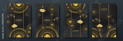 Modern 3d black gold chinese china background with lantern, lamp, border, frame, pattern, symbol, cloud, rigid fixed fan and flower.