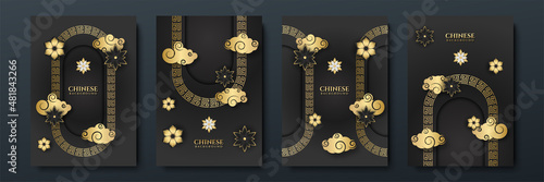 Modern 3d black gold chinese china background with lantern, lamp, border, frame, pattern, symbol, cloud, rigid fixed fan and flower.
