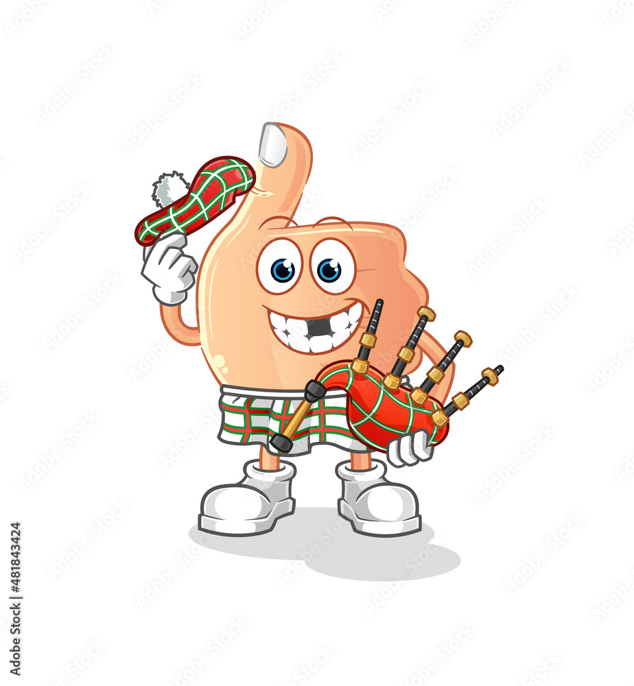 Obraz premium thumbs up scottish with bagpipes vector. cartoon character