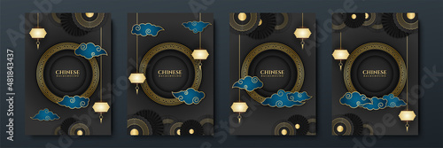 Modern 3d black gold chinese china background with lantern, lamp, border, frame, pattern, symbol, cloud, rigid fixed fan and flower.