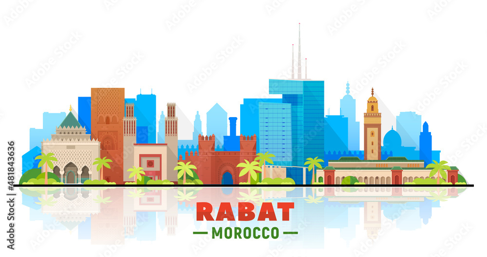 Obraz premium Rabat, ( Morocco) city skyline vector illustration white background. Business travel and tourism concept with modern buildings. Image for presentation, banner, website.
