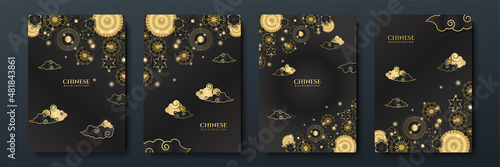Modern 3d black gold chinese china background with lantern, lamp, border, frame, pattern, symbol, cloud, rigid fixed fan and flower.