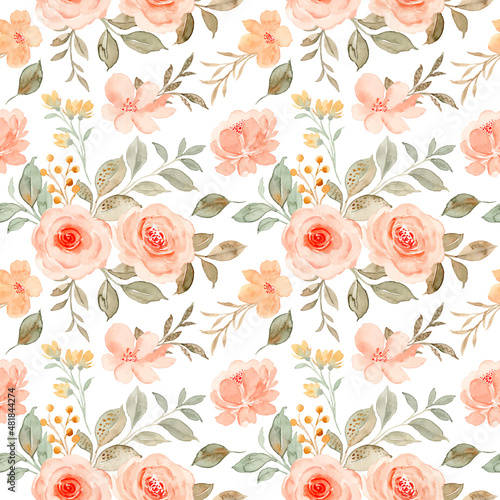 Fototapeta Naklejka Na Ścianę i Meble -  Peach rose flower watercolor seamless pattern