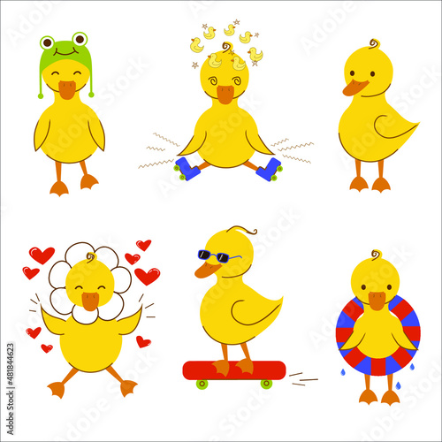 A set of cute ducklings with different emotions and situations. On a skateboard, fell from roller skates. Emoji ducks.
