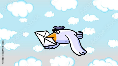 Cartoon carrier pigeon flying with envelope. Postman animal. Message symbol seamless loop with moving clouds. Post office symbol. Oldschool messenger. Bird bringing message. 