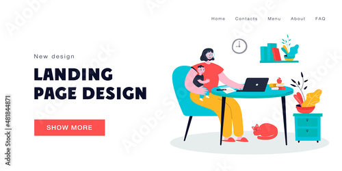 Young mother working online at home with kid. Flat vector illustration. Woman holding baby, sitting at desk and working on computer. Workplace, maternity, freelance concept for banner design