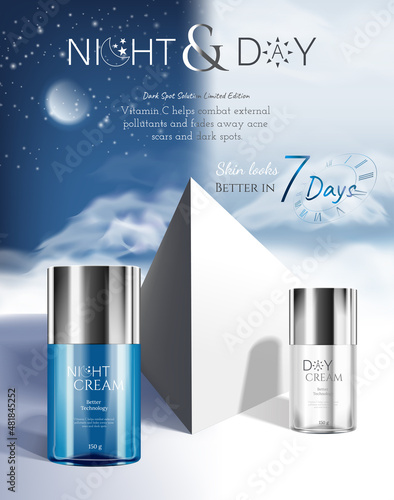 Day and night background for cream skin care cosmetic products with 3d package