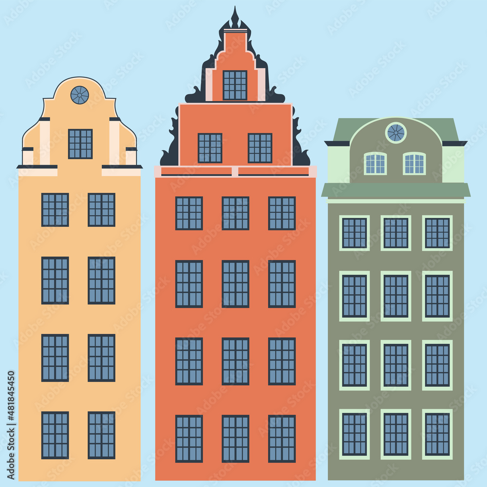 Swedish houses located on the square. Vector graphics. EPS10