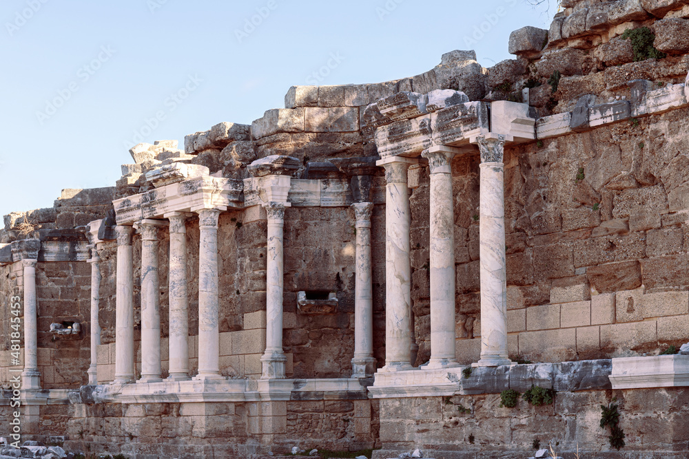 Ancient city Side, Turkey. Antique ruins, historic old building with columns.