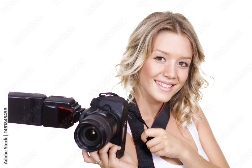Young happy blonde woman with professional camera with flash Young happy blonde woman with professional camera with flash