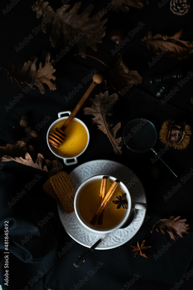 rich in flavour star anise and cinnamon tea surrounded by autumn leaves