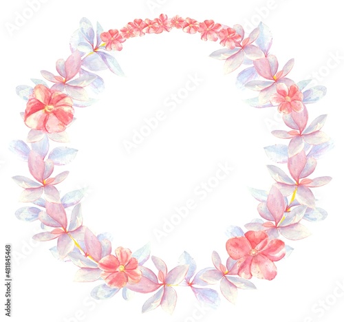 Watercolor round frame with flowers and leaves in delicate colors on a white background.Greeting card, banner with a place for text.