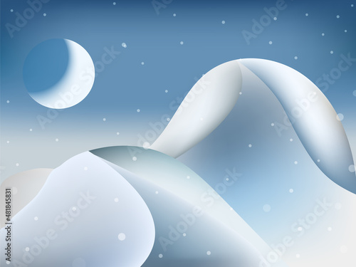 抽象的な冬の雪山と三日月の夜の風景イラスト、ちらつく雪の景色 © momomi12