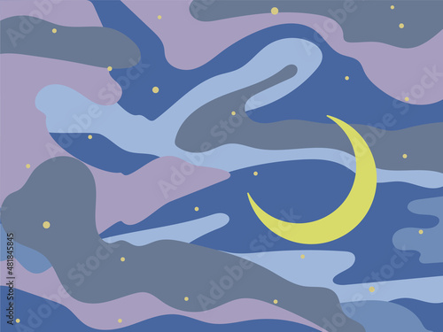 抽象的な夜空に浮かぶ雲と三日月、複数の星のイラスト,主線なし