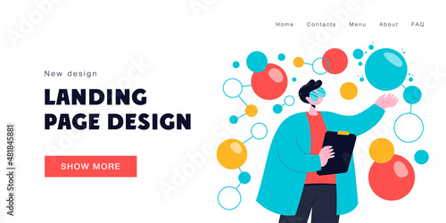 Cartoon character doing scientific research. Flat vector illustration. Scientist in lab coat studying neuroscience, AI, neuron algorithms. Modern technology, research, discovery concept for design