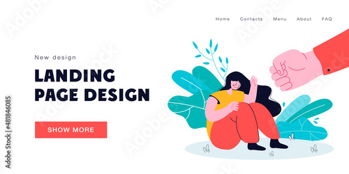 Huge fist threatening sad woman. Man abusing female character flat vector illustration. Domestic violence, family abuse, discrimination concept for banner, website design or landing web page
