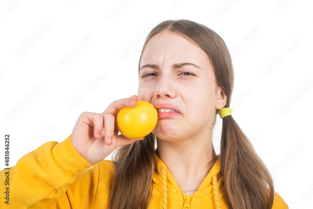 kid with sour citrus lemon fruit full of vitamins isolated on white, nutrients kid with sour citrus lemon fruit full of vitamins isolated on white, nutrients