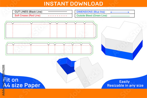 Chocolate box heart shape, gift heart box dieline template and 3d vector file Box dieline
