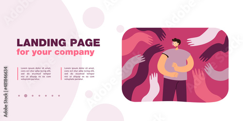 Hands reaching for scared man in glasses. Male character with no power feeling fear or pressure flat vector illustration. Influence, manipulation concept for banner, website design or landing web page