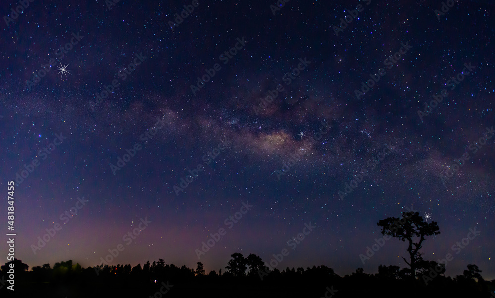 Blue night panorama, milky way sky and stars on dark background, universe filled with stars, nebula and galaxies with noise and photo pigmentation by long exposure and white balance selection focus.