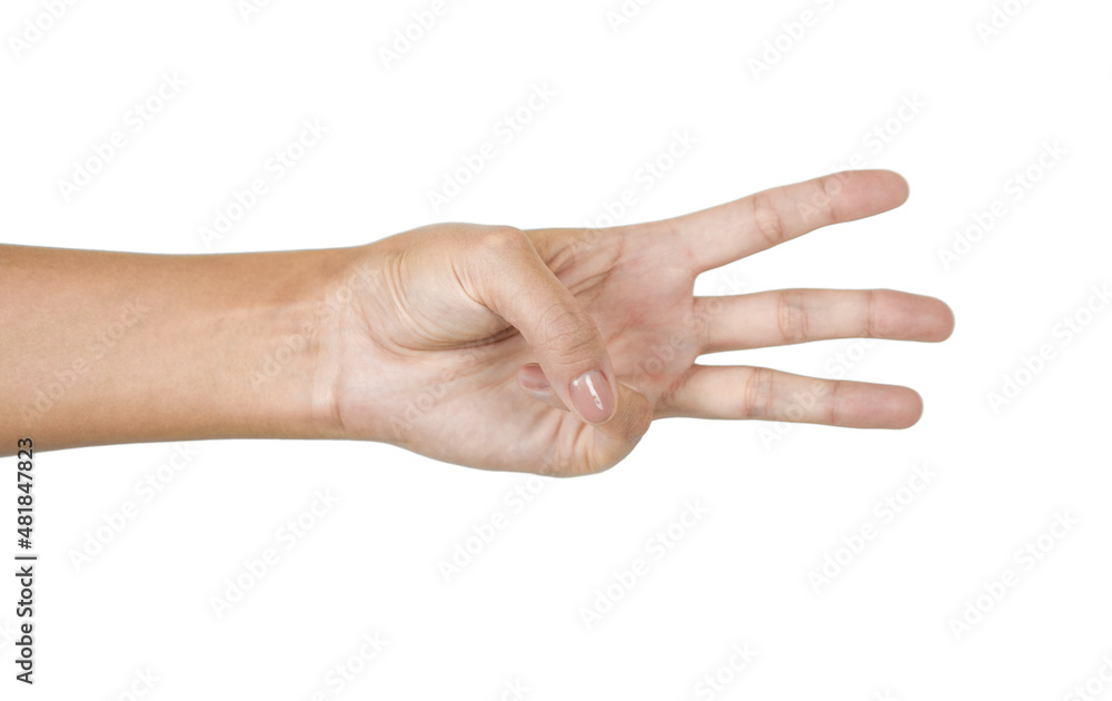 Fmale hand showing sign - three fingers, number three on white background. Fourth photo in the set Fmale hand showing sign - three fingers, number three on white background. Fourth photo in the set