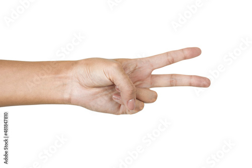Caucasian female hand showing peace sign, number two on white background. Third photo in the set