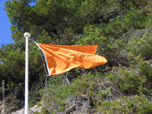 orange flag fluttering in the sun with pine trees in the background on a beach
