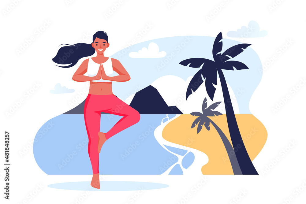 Woman stands in a tree pose on sea beach. Outdoor yoga exercise practice. Vector cartoon character illustration