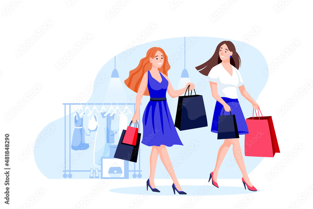 Two female friends walk with shopping bags through mall. Fashion clothes seasonal sale concept. Vector illustration Two female friends walk with shopping bags through mall. Fashion clothes seasonal sale concept. Vector illustration