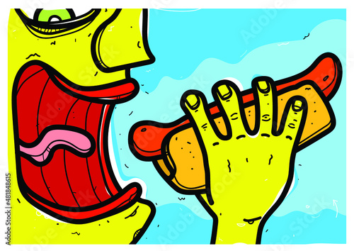 Man eats hotdog illustration