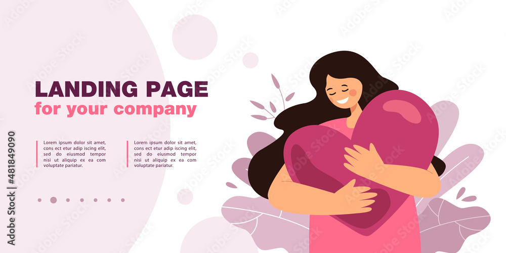 Young woman holding big heart. Female character smiling, getting help, strength and freedom flat vector illustration. Mental health, love, peace concept for banner, website design or landing web page Young woman holding big heart. Female character smiling, getting help, strength and freedom flat vector illustration. Mental health, love, peace concept for banner, website design or landing web page