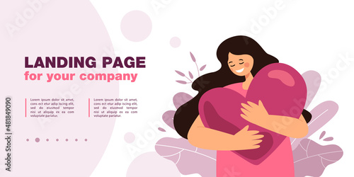 Young woman holding big heart. Female character smiling, getting help, strength and freedom flat vector illustration. Mental health, love, peace concept for banner, website design or landing web page
