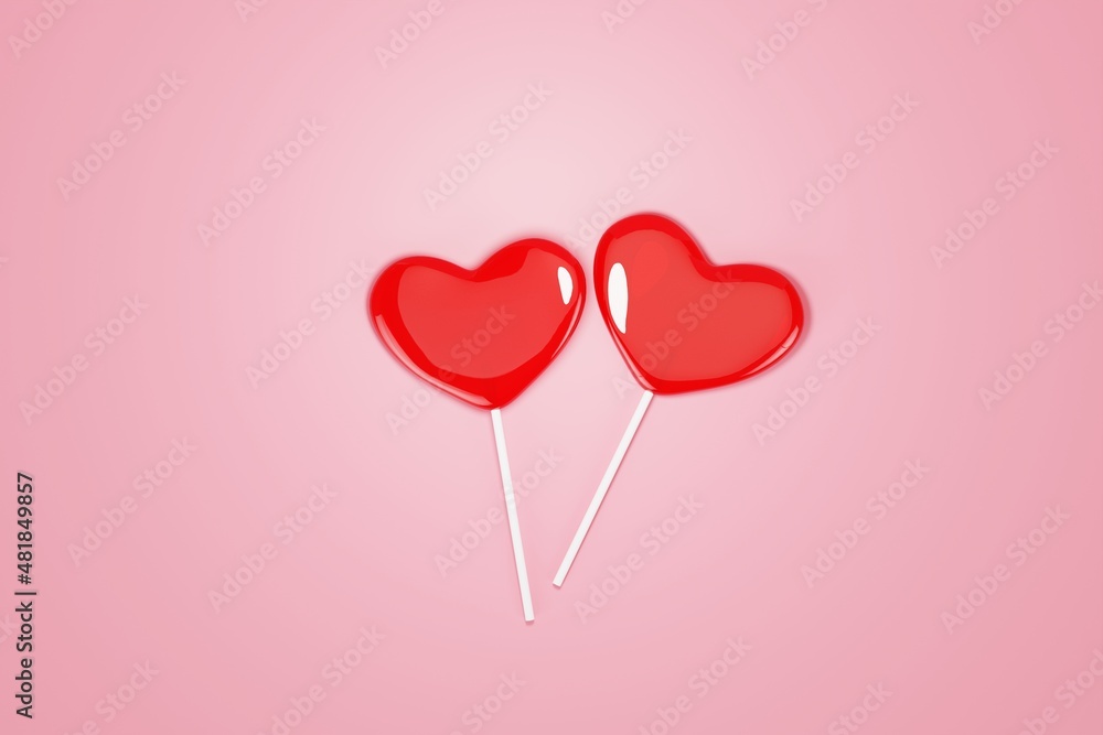 Red heart Sweet lollipop candy on pastel color background.