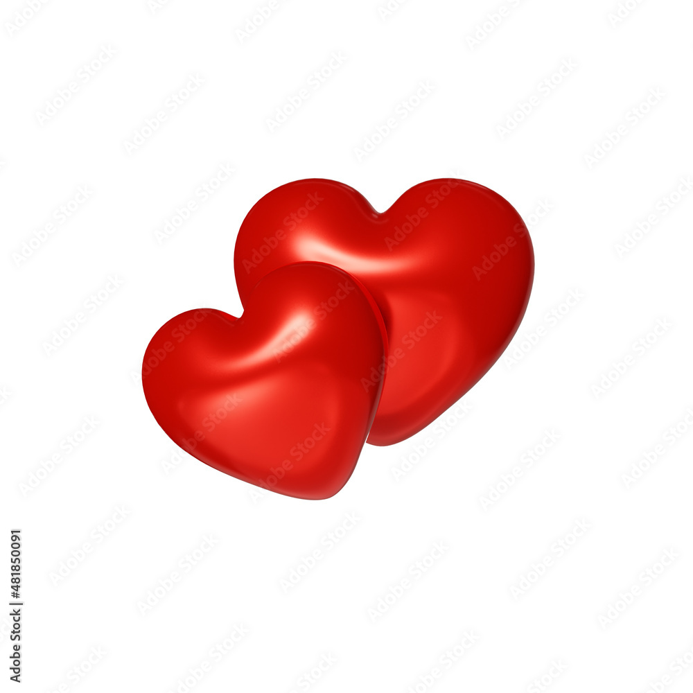 A pair of glossy hearts, two hearts. Concept of Valentine's Day, Mother's Day, Wedding, isolated on white background, 3D rendering