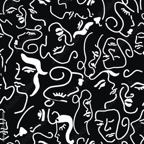 Fototapeta Naklejka Na Ścianę i Meble -  Abstract One Line Drawing Woman Girl Faces Repeating Vector Pattern with Isolated Background