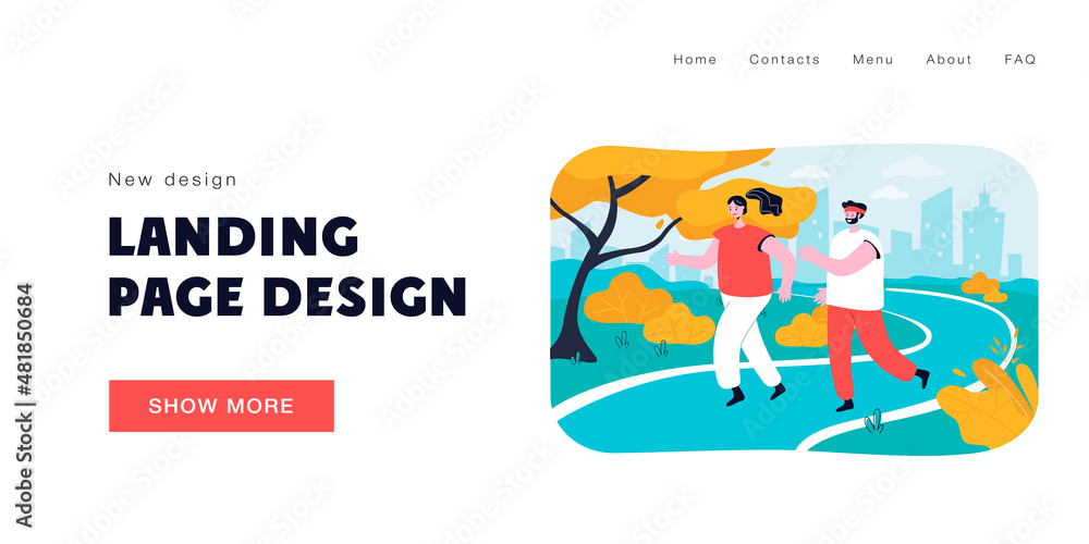 Fototapeta premium Happy couple running together in park. Male and female cartoon persons jogging in summer flat vector illustration. Healthy lifestyle, fitness concept for banner, website design or landing web page