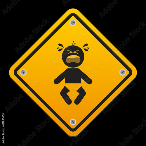 Yellow road sign with baby crying. Baby on board. Vector illustration on black background