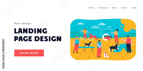 People playing and training their pets on special playground. Flat vector illustration. People training their dogs in city park area. Animal, activity, education, nature concept for banner design