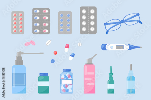 Pharmacy set. Medicines pills  capsules  nasal sprays isolated. Collection of medical and optics elements. Healthy concept. Vector flat illustration