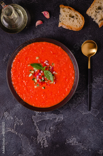 Traditional spanish cold tomato soup of fresh raw vegetables