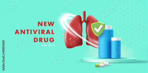antivirus drug davertising eith 3d illustration of protected hiuman lungs with pills bottles