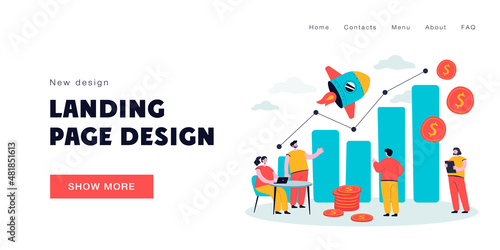 Tiny sales managers looking at growth chart flat vector illustration. Cartoon creative employees launching sales promotion or startup. Business and finance operations concept