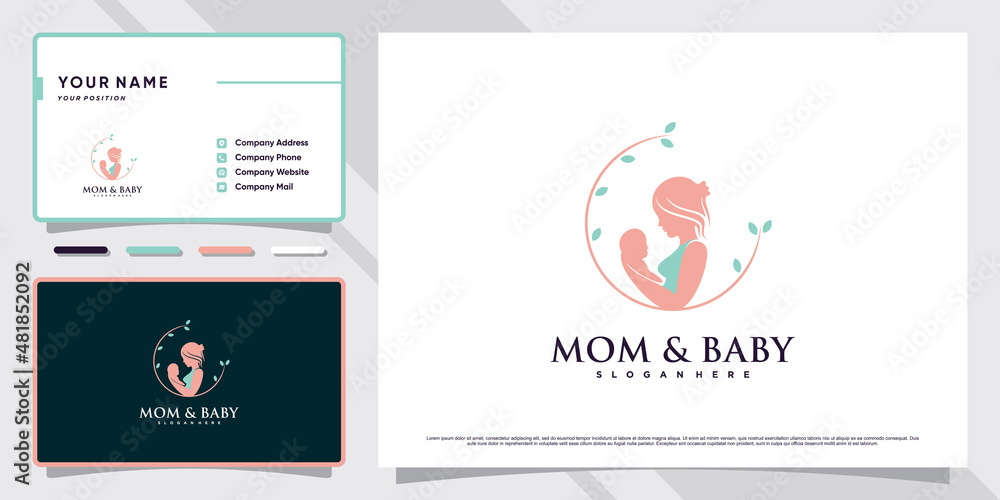 Mom and baby logo with creative element and business card design Premium Vector