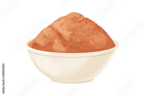 Sandalwood, chandan powder in bowl ingredient in cartoon style isolated on white background. Dried wood, medical material.