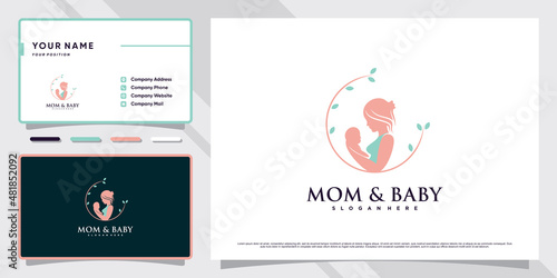 Mom and baby logo with creative element and business card design Premium Vector