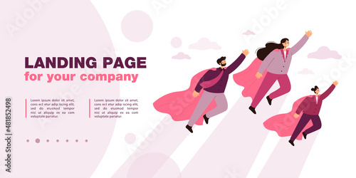 Cartoon family of superheroes flying up. Flat vector illustration. Mother, father, daughter as powerful rescue team in suits with flying capes. Family, power, business, teamwork, imagination concept