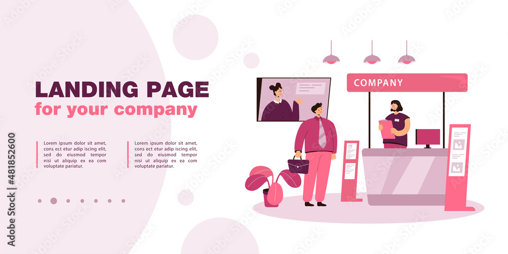 Company representative clerk talking with businessman. Flat vector illustration. Girl behind expo counter, communicating with customer standing at tradeshow booth. Fair, advertising, reception concept Company representative clerk talking with businessman. Flat vector illustration. Girl behind expo counter, communicating with customer standing at tradeshow booth. Fair, advertising, reception concept