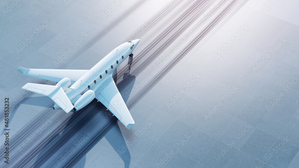 Business jet during takeoff on the runway background. Private airplane in the soft morning light. 3D render. - obrazy, fototapety, plakaty 